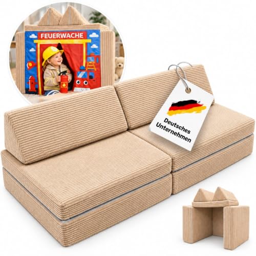 SCHRIMA® Spielsofa Kinder aus Cord | Modulares Kindersofa & Kindercouch mit 3 Spielwelten | Waschbare Bezüge | Kiosk, Autowaschanlage & Feuerwache | beige