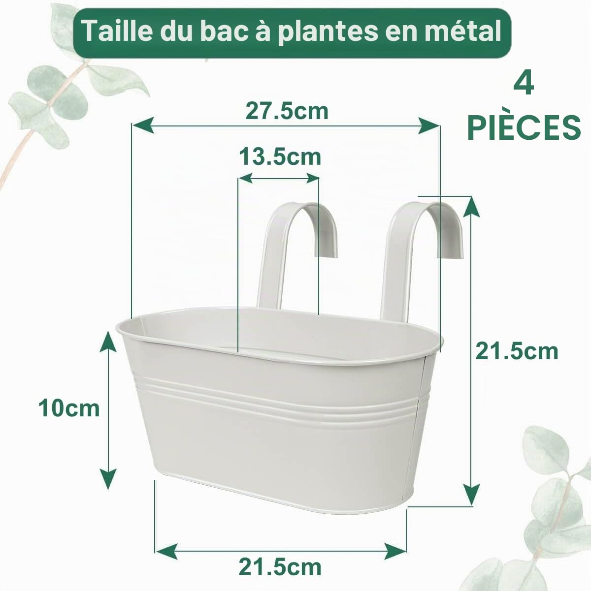 LATERN 4 Pièces Pots de Fleurs Suspendus en Métal, 27.5CM Grands Pots de Plantes Seau à Fleurs Suspendu avec Crochet Amovible pour Balcon Clôture Jardin Maison Décor (Blanc)