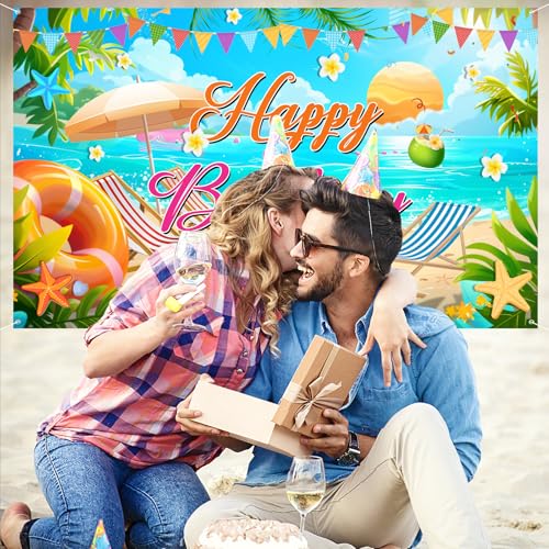 Image of Summer Happy Birthday Banner Decorations, Backdrop Decor Supplies, Happy Sign for Backdrop, Large Beach Theme Birthday Banners Supplies Suitable for Any Lively Theme Party Event