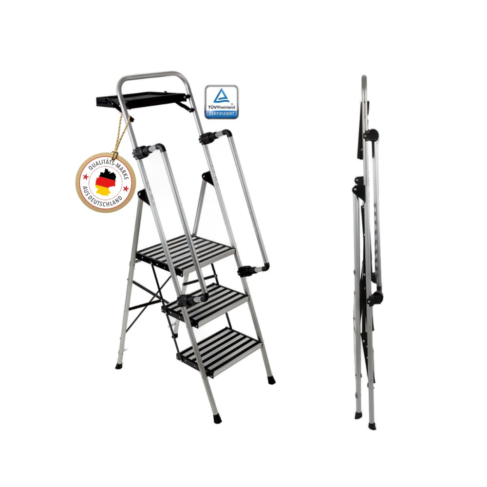 Stahl-Sicherheitsleiter, Trittleiter 3 Stufen, bis 150 kg | klappbare Handläufe, rutschsichere Plattform, TÜV-geprüft, robuste Klappleiter, Haushaltsleiter, sicherer Tritt