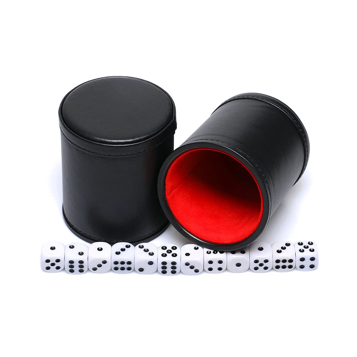 Felt Lined PU Leather Dice Cup Set with 6 Dot Dices (Black, Pack of 2)