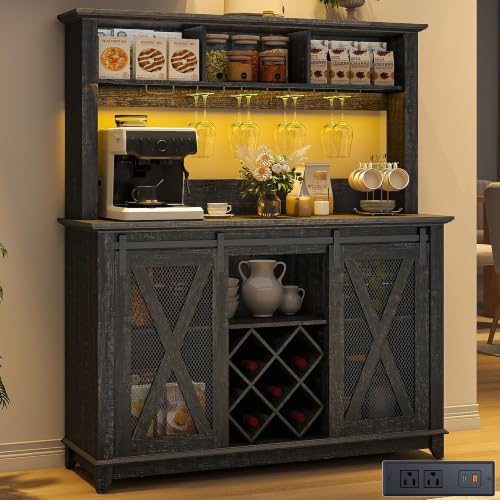 Image of 47 inchWide 56 inchH Farmhouse Coffee Bar Cabinet with Power Outlet and LED Light,Wine Bar Cabinet w /3 Storage Hutch,Kitchen Buffet Cabinet with 10 Wine and Glass Racks for Kitchen Dining Room(Dark Oak)