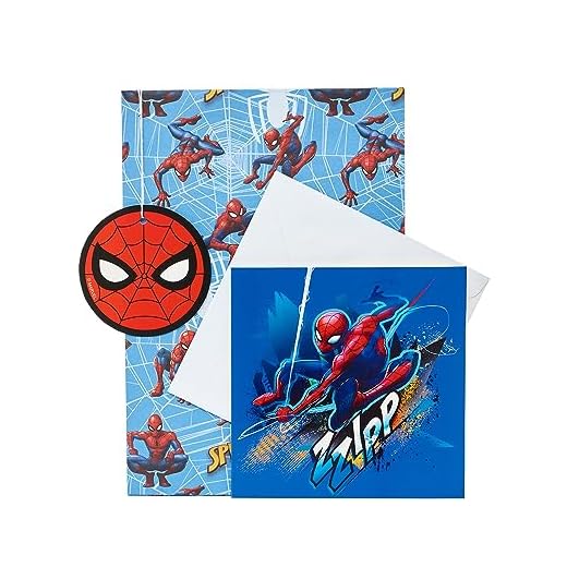 UK Greetings Marvel - Paquete múltiple de papel de regalo, tarjeta y etiqueta para él/niño, diseño de Spider-Man