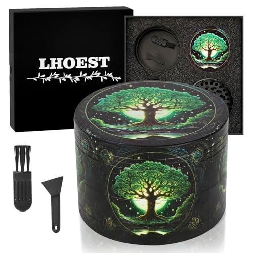 LHOEST Grinder Grand broyeur 50 mm Moulin à épices avec grattoir et brosse en plastique Grinder 4 couches Design arbre Moulin à pollen Métal Lot de 4...