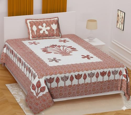 Image of Pure Cotton Single Bedsheet with 1 Pillow Cover, 220 TC Premium Jaipuri Bedsheet for Single Bed | 60x90 Inch - Multicolor Floral Print