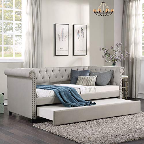 FLIEKS Twin Daybed, Linen Fabric Upholstered Daybed with Trundle, Sofa Bed Trundle Daybed with Wood Frame (Beige)