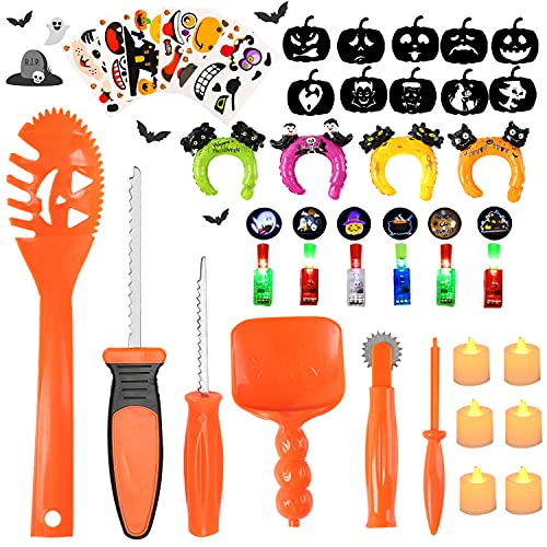 Pumpkin Carving Kit for Kids - 6 Halloween Pumpkin Carving Tools Set, 6 LED Candles, 4 Balloon Headbands, 6 LED Rings, 6 Pumpkin Stickers, 10 Pumpkin Carving Stencils for Halloween Decorations