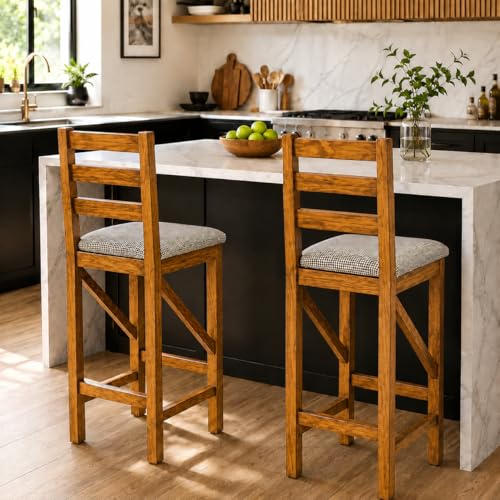 Image of Solid Sheesham Wood Bar Stool Chair, Teak Finish