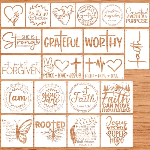 21 Pieces Christian Stencils for Painting,Motivational Bible Verse Stencils,Religious Stencil for Wood Wall Fabric T Shirt Journal DIY Home Decor