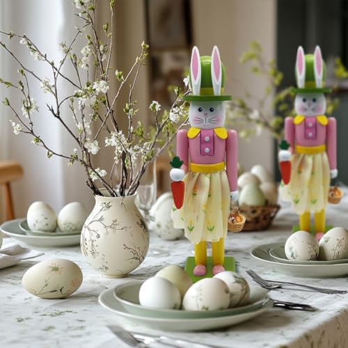 image for Eforcase 2PCS Easter Nutcracker Figurine Decor Wooden Bunny Nutcracker
