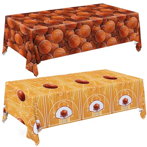 Image of Basketball Party Supplies Set: Basketball Party Decorations & Party Favors, Includes 2-Pack Basketball -Themed Tablecloths for Kids 1st Birthday, Basketball Disposable Table Covers 54 x 108 Inch