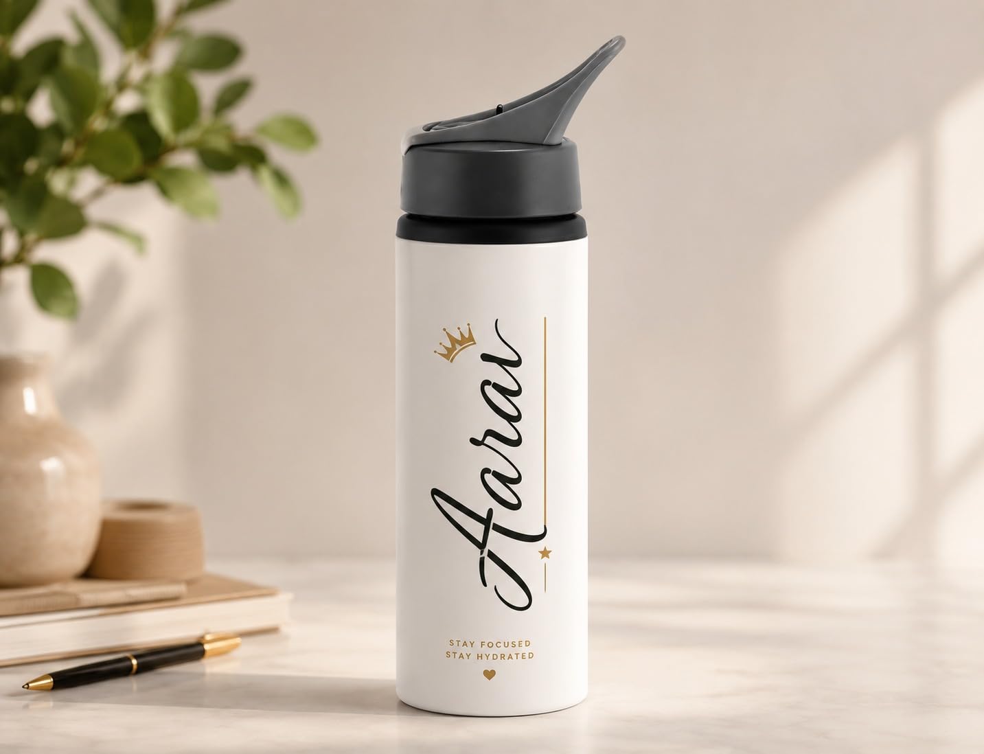 EXPECTRO Personalised Name Water Bottle, 600 ml, White, Stainless Steel
