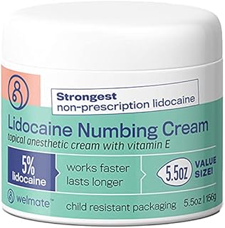 WELMATE | 5% Lidocaine | Numbing Cream Maximum Strength | Topical Anesthetic | Aches, Back Pain, Itching, Soreness, Burning, Tattoos, & Bruises | Unscented | Vegan | Child Resistant Packaging | 5.5 Oz