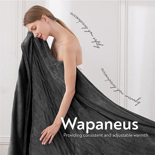 Image of Wapaneus Foot Pocket Heated Blanket Electric Throw with 10 Heating Levels and Auto Shut Off, Flannel Fast-Heating Heated Throw 50 inch x 60 inch, Machine Washable, Dark Grey