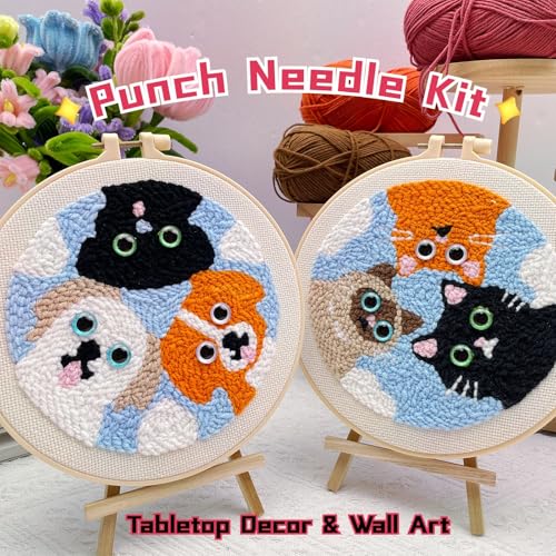 Image of Punch Needle Kit for Adult Beginner, 2-Pack Puppy & Cat Punch Starter Set with Instructions - Yarn Needle Punch Craft for Xmas Gift Idea & Home Wall Decor