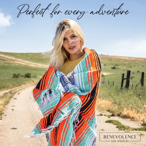 Benevolence LA Authentic Handwoven Mexican Blanket | Yoga Blankets, Outdoor, Picnic, Beach, Camping | Equestrian Saddle | Serape 50x70 inches - Bright Mandarin, Pack of 1