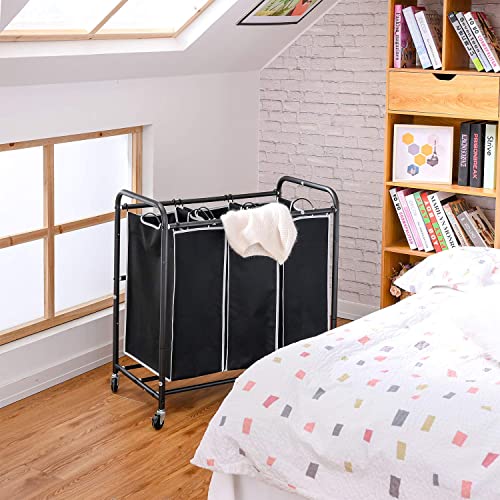 Romoon Laundry Sorter, 3 Bag Laundry Hamper Sorter With Rolling Heavy Duty Casters, Laundry Organizer Cart For Clothes Storage, Black #TOP5