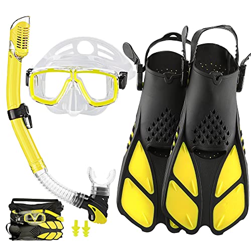 HH HHAO SPORT Set da snorkeling per adulti con pinne, attrezzatura da snorkeling di dimensioni da viaggio con pinne regolabili corte, maschera subacquea di alta qualità e boccaglio Dry Top, con borsa