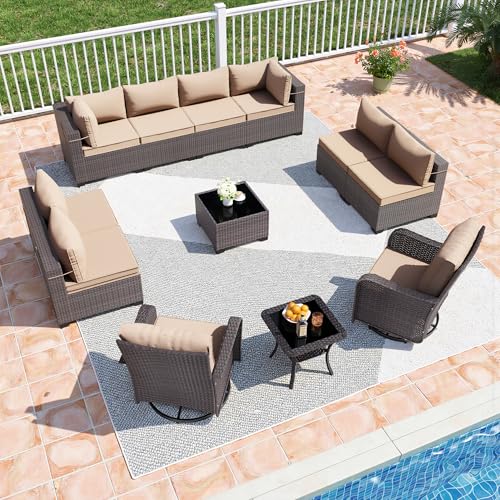 Image of 12 Pieces Outdoor Patio Furniture Set,Outdoor Sectional Furniture All Weather PE Rattan Wicker Patio Conversation Set with Coffee Table,Swivel Rocking Chairs Set,Sand