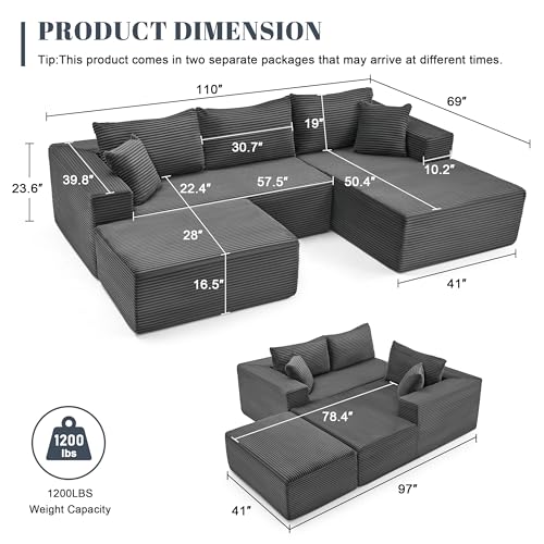 Image of Mangodan 110 inch Cloud Sectional Couch, Boneless Sofa for Living Room, Modular Sectional Sofa with Deep Seat, Comfy Fluffy U-Shaped Couch with Right-Facing Chaise, No Assembly Required, Grey