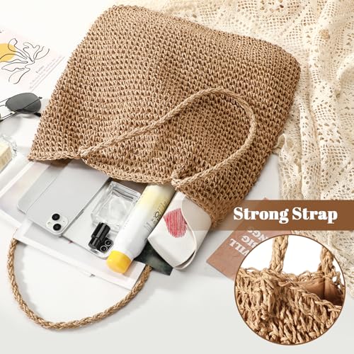 Image of Pleneal Straw Beach Bags for Women - Women Beach Handmade Woven Tote Bag, Summer Mesh Hollow Shoulder Bag for Holiday