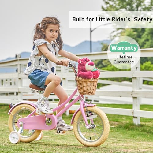 Image of Glerc Little Molly 12-20 Inch Kids Retro Cruiser Bike for 2-13 Year Old with Wicker Basket & Training Wheels /Kickstand, Multiple Colors