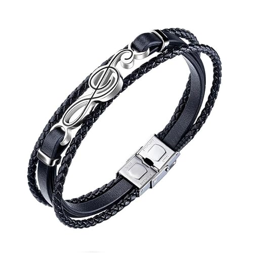 Ouruiba Herren-Armband mit Musiknote, Notenschlüssel, Musik, dreifaches Leder, geflochten, Edelstahl, Hip Hop, Schmuck, Geschenk, Edelstahl
