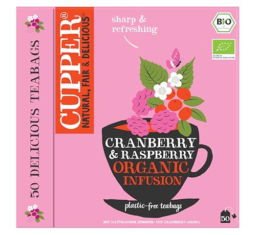 CUPPER - Caja de 50 Bolsitas de Infusiones Ecológicas de Arandano y Frambuesa - Apto para Veganos - Propiedades digestivas suaves - Sin azúcares añadidos