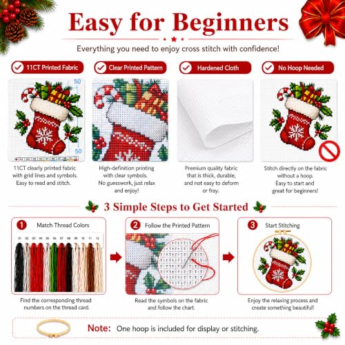 Image of Zhenqing 4 Christmas Cross Stitch Kit, 11CT Printed Fabric, Hoop & Tools | 4 Christmas designs with 11CT printed fabric, extra floss, one hoop, tools and English guides for beginners.