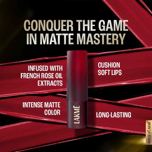 Image of Lakme Forever Matte Lipstick, Waterproof, Non Drying, Creamy Matte Bullet Lipstick Made With French Rose Oil Extracts, Purple Diamond, 4.5g (Pack of 3)
