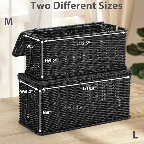 Image of ZhiYo Rattan Cable Management Box, Black Desk Cord Organizer, 2 Pack (M&L)