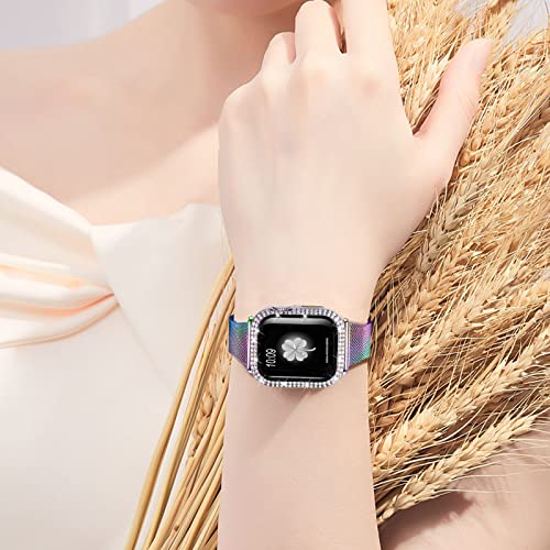 Joyozy Slim Stainless Steel Band Compatible with Apple Watch 38mm 40mm 41mm 42mm 44mm 45mm Milanese Strap with Bling Glitter Case Built-in Screen Protector Dressy Bracelet Band for Women(Rainbow 41mm)