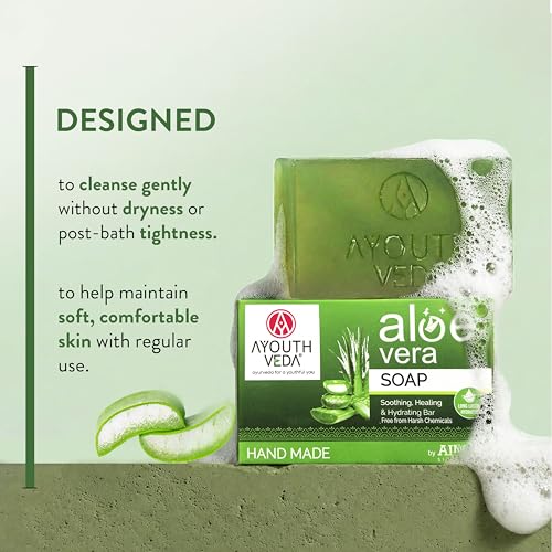 Image of Ayouthveda Aloe vera Soap with Aloe Extracts & Menthol for Gentle Cleansing, Hydration & Skin Comfort | Helps Soothe Irritation, Improve Texture & Maintain Moisture Balance | Refreshing, Non-Drying & Daily Use Bathing Bar | Suitable for Face & Body | 100g (Pack of 4)