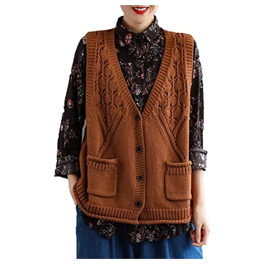 GAOHONGMEI Dam kabelstickad tröja väst dam v-hals ärmlös stickad väst lös vardaglig cardigan stickad ytterkläder topp orange-en storlek