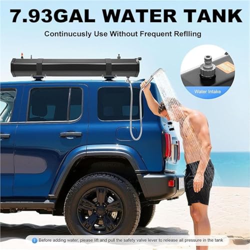 Douche solaire portable de camping, réservoir d'eau sous pression pour porte-bagages, comprend un tuyau de 1,7 m et un sac de rangement, capacité de 30 L, idéal pour camping-car, SUV, camion