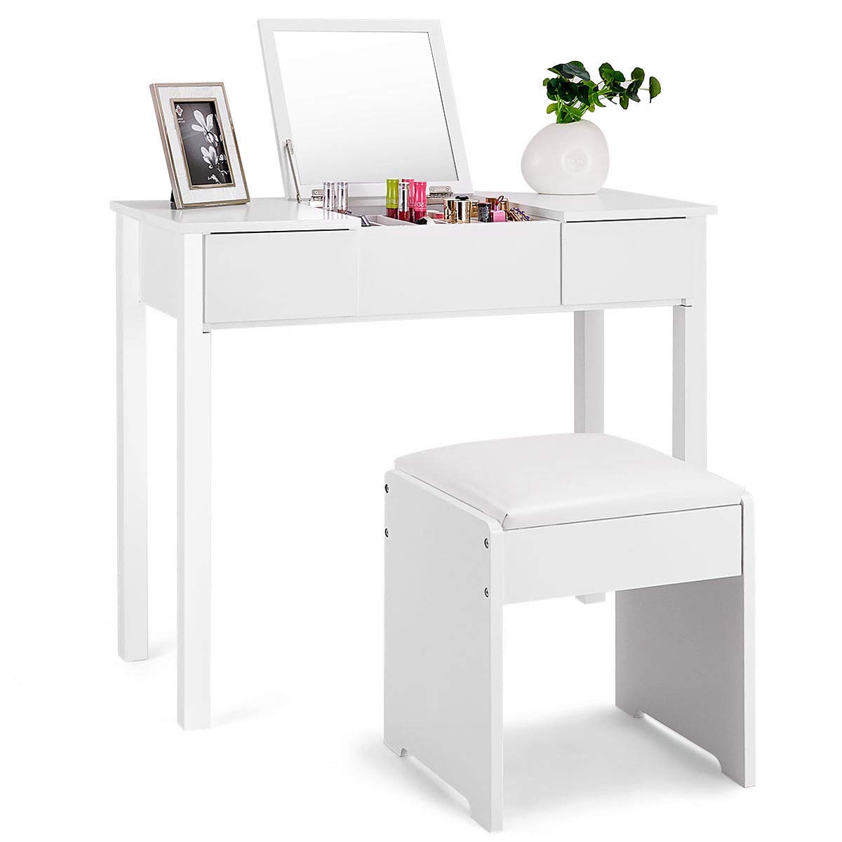 Casart Bathroom Vanity Dressing Table with Flip Top Mirror 2 Drawers 3 Removable Organizers (White)