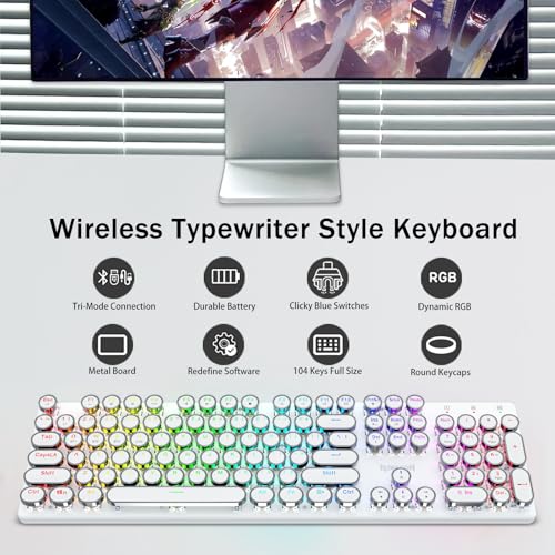 Image of Redragon K710 Wireless Typewriter Mechanical Gaming Keyboard, Bluetooth /2.4Ghz /Wired, RGB LED Backlit, Blue Switch - Clicky, Rechargeable, Solid Metal Panel, Round Keycaps, White