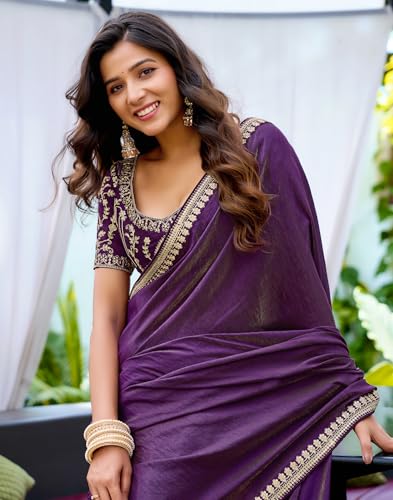 Image of SIRIL Women's Shimmer Silk Sequence Embroidery Lace two Tone Saree With Embroidery Unstitched Blouse Piece