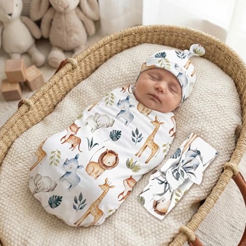 Image of Newborn Swaddle Set with Matching Headband Hat and Bow Set Floral Baby Girl Newborn Receiving Blankets Baby Swaddle Nursery Wildflower Baby Blanket (Animal)