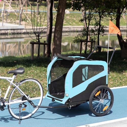PawHut 2-in-1 Hundeanhänger, Fahrradanhänger für Hunde, Hundewagen mit Reflektoren, Hundebuggy max. 30 kg, Hundefahrradanhänger für Große Hunde, Oxford-Gewebe, Blau