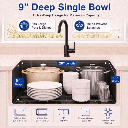Image of LQS 30 Inch Kitchen Sink, Black Undermount Kitchen Sink, Large Deep Black Workstation Single Bowl Sinks, 16 Gauage T304 Stainless Steel Material, Smart Workstation Ledge With Pratical Accessories