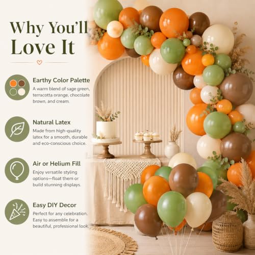 Image of Sage Green and Orange Balloons, 12 Inch Green Brown Orange Balloons Olive Green Brown Beige Jungle Safari Wild Woodland Balloon for Birthday Wedding Baby Shower Party Decorations