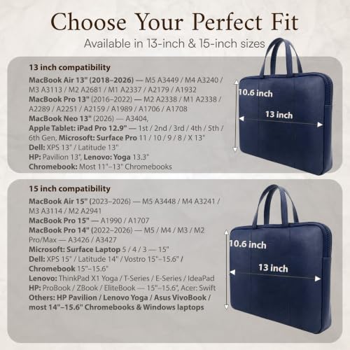 Image of ALLEN & MATE 100% Leather Laptop Case 15 Inch Laptop Sleeve fits MacBook Air /Pro 15 inch M5 /M4 /M3 /M2, MacBook Pro 14 inch, Dell, HP, Lenovo, Chromebook 14 inch-15.6 inch Computer Bag Zip Pocket - Navy Blue