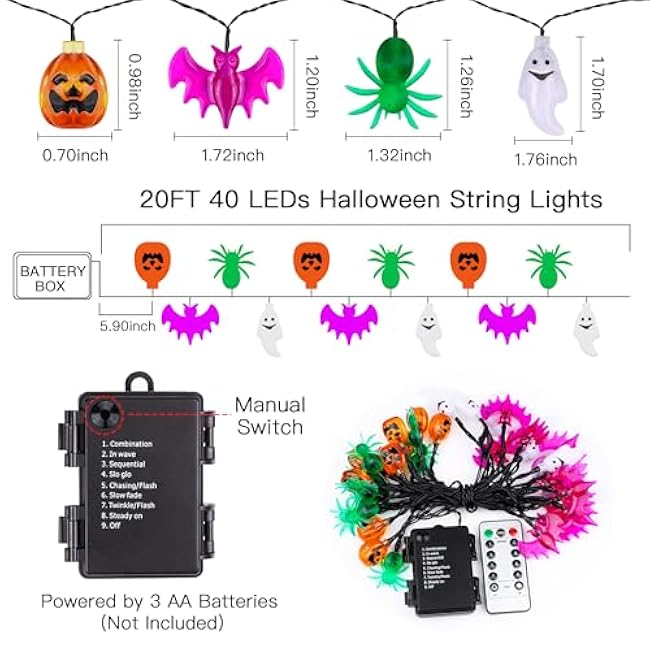 20FT 40LED Halloween Lights Outdoor Indoor Pumpkin Bat Spider Ghost Halloween String Lights Battery Operated, 8 Light Modes Waterproof Fairy Lights Decorations for Home Yard Window Party Outside Decor