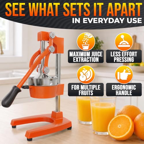 Image of Cast Iron Juicer Hand Press, Heavy-Duty Squeezer (Orange) | Lever Manual Citrus Press Juicer & Orange Squeezer for Lemon, Lime & Lemonade; Steel Cone & Strainer; for Home or Bar