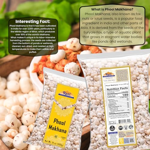 Image of Rani Jumbo Phool Makhana (Fox Nut /Popped Lotus Seed) Plain Raw Uncooked 14oz (400g) ~ All Natural | Vegan | No Colors | Gluten Friendly | NON-GMO | Indian Origin