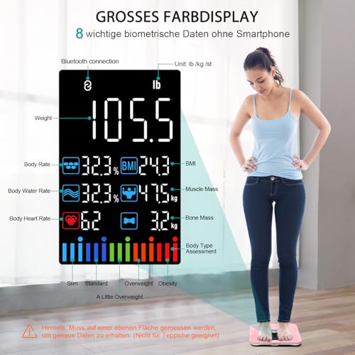 ABLEGRID Wiederaufladbar Körperfettwaage, LED Personenwaage Digital Mit Körperfett Und Muskelmasse Körperfettanalyse, 16 Messungen Der Körperzusammensetzung BMI, Herzfrequenz, 180kg, Rosa 2