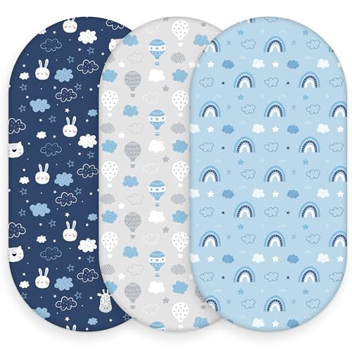Image of Baby Bassinet Sheets, 3 Pack Fitted Bassinet Mattress Sheets, Compatible with Halo Bassinest Swivel Sleeper & Oval Hourglass Rectangle Mattress, Ultra Soft Blue Cloud Animal