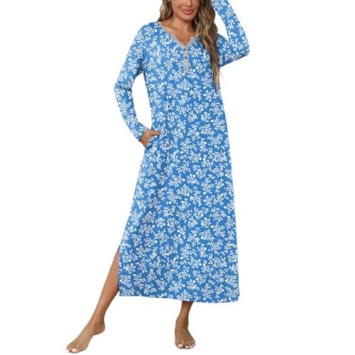 Marvmys Womens Long Sleeve Nightgowns Long Button Up Night Gown Henley V Neck Full Length Sleep Shirts with Pocket Blue Flower Large