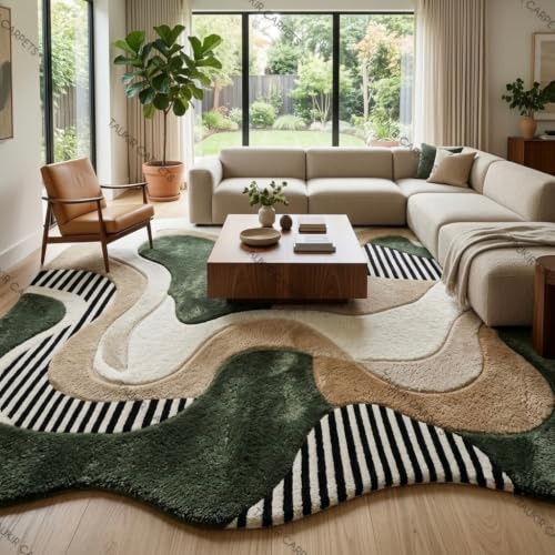 Image of Carpet for Living Room Irregular Abstract Shag Area Rug, Super Soft Fluffy Modern Designer Floor Rug. 3 x 5 Feet (91.44 x 152.40 cm) Green Multi